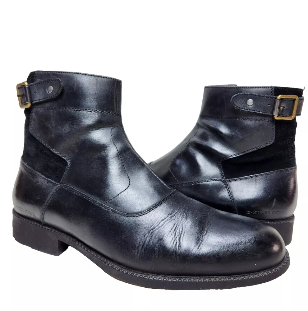 G-STAR RAW 6" Side Zip Moto Boots Men Sz 8 Black Leather Harness GS 11255